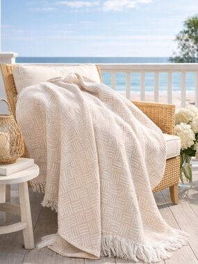 Luxury Linen Throw Blanket Neutral Beige Cream Fringe Hamptons Decor 48x62